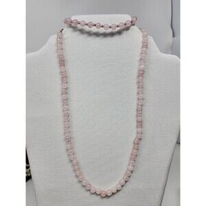 Hand-Knotted Rose Quartz Bead Necklace 18" & Bracelet Set Pink Polished Stones